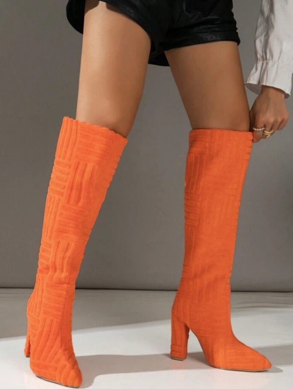 New! Retro Fabric Orange Knee-High Block Heel Boots - Women's